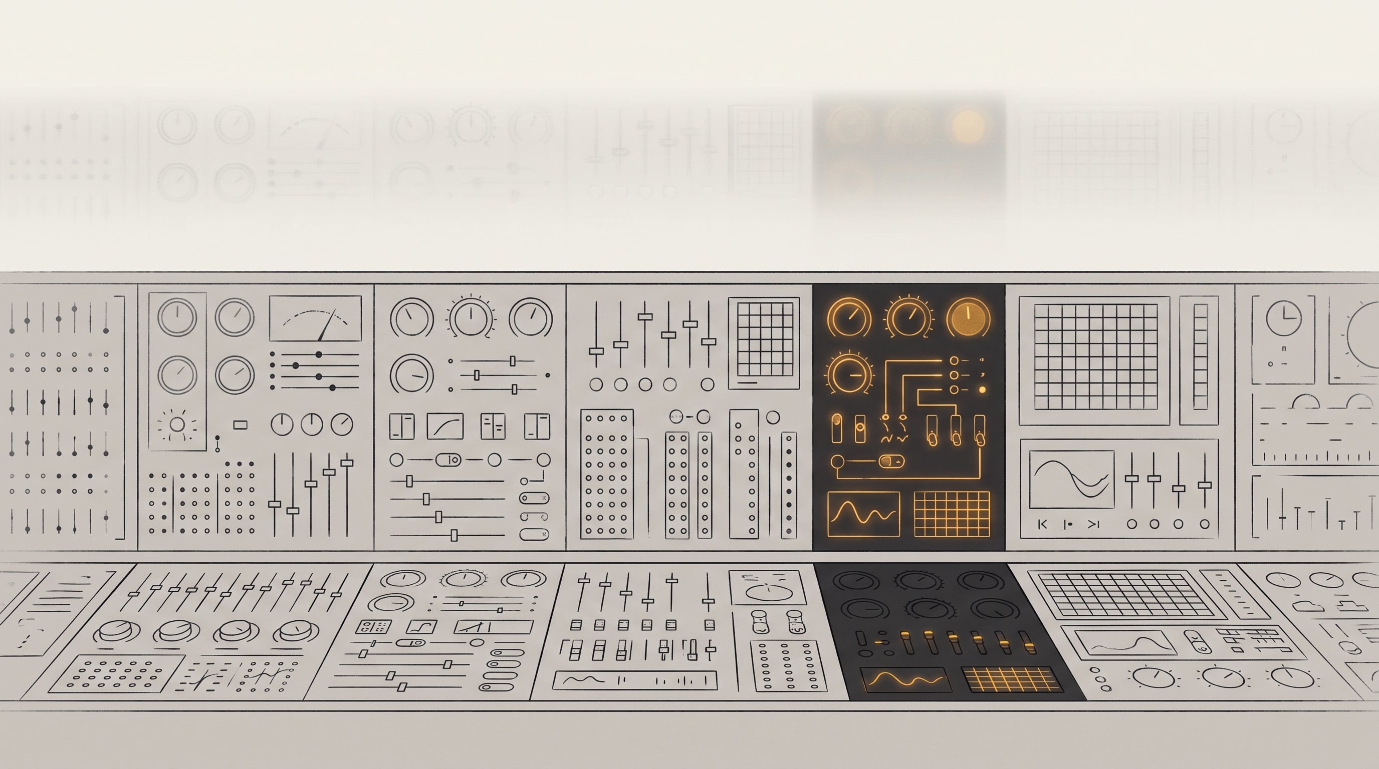 Minimalist illustration of a large control panel where only a small central section is illuminated in orange.