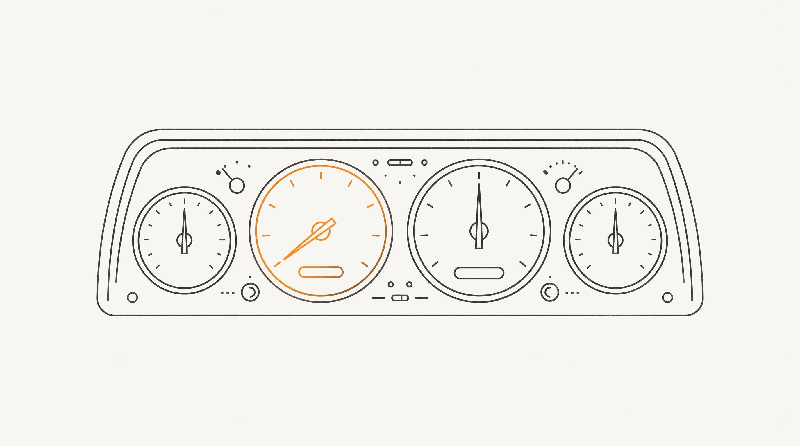 Minimalist vector illustration of four dashboard gauges, with one highlighted in orange reading low.